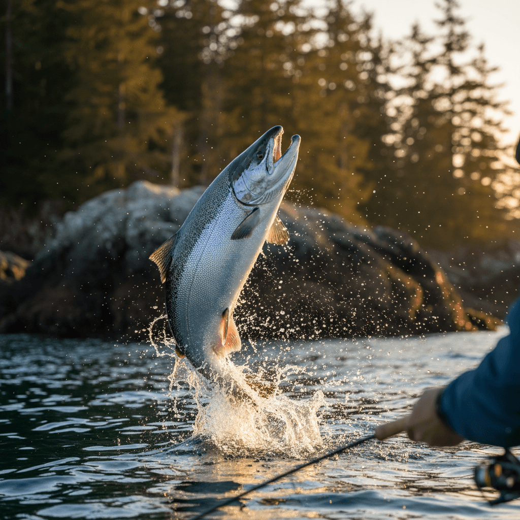 Chinook salmon breaking surface in Haida Gwaii waters