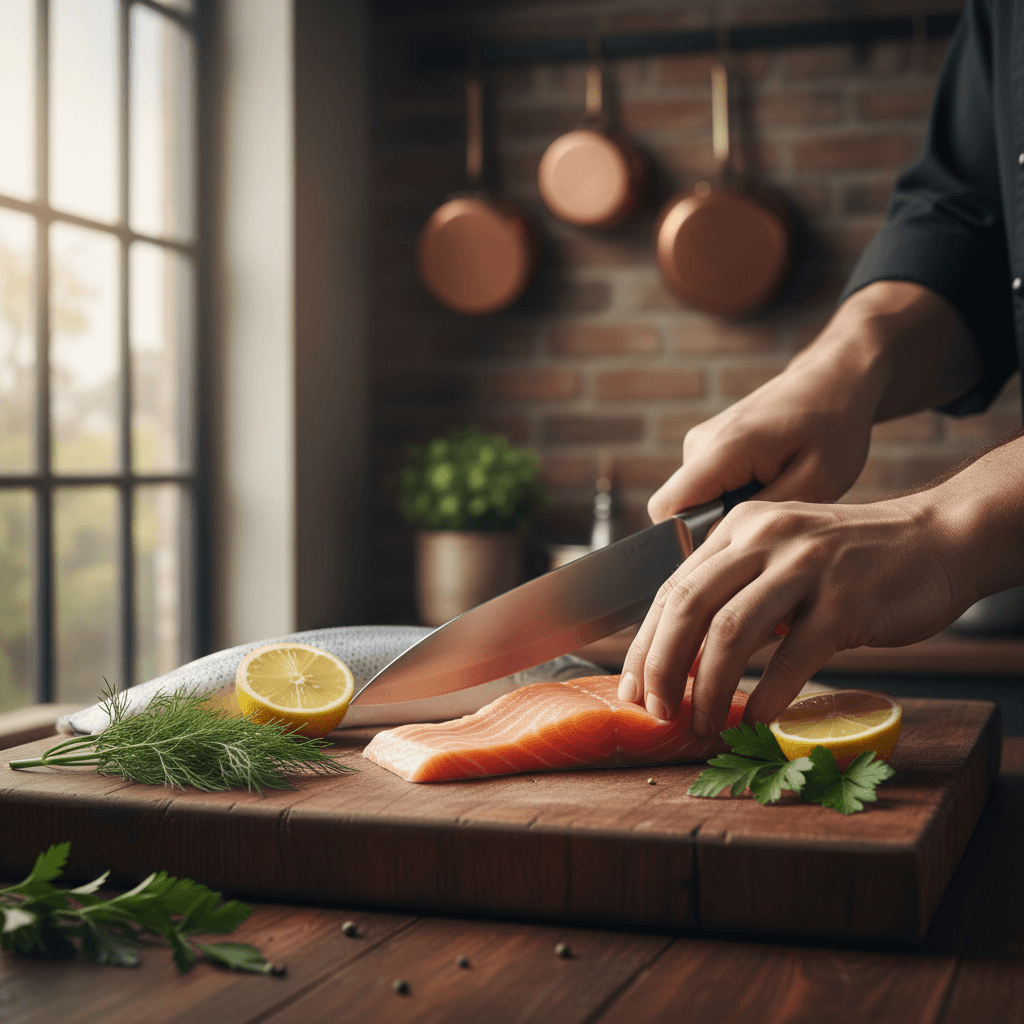 Chef preparing fresh-caught salmon in lodge kitchen
