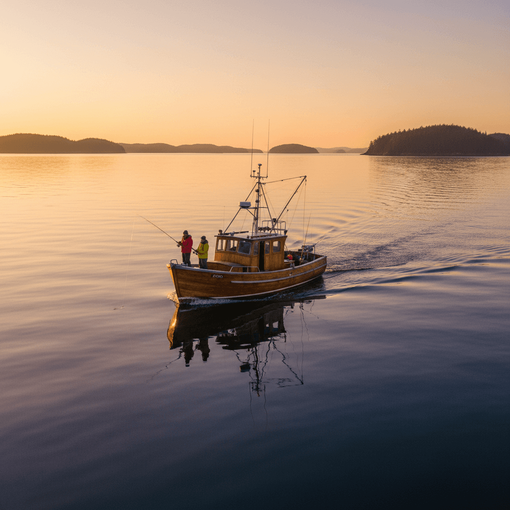Fishing boat heading out on Haida Gwaii waters at golden hour
