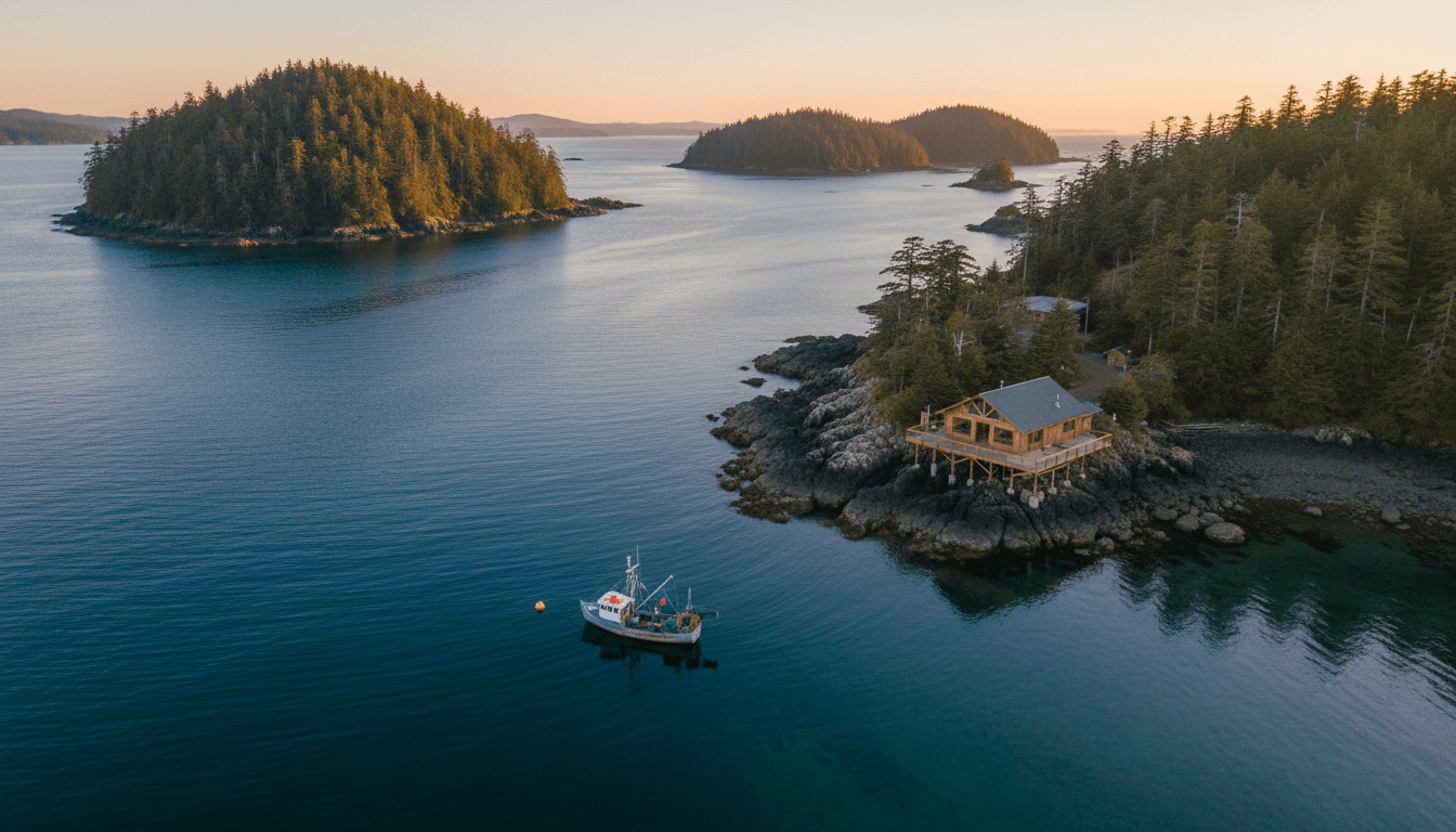 Queen Charlotte Safaris lodge overlooking Shingle Bay in Sandspit, Haida Gwaii, with fishing boat anchored offshore