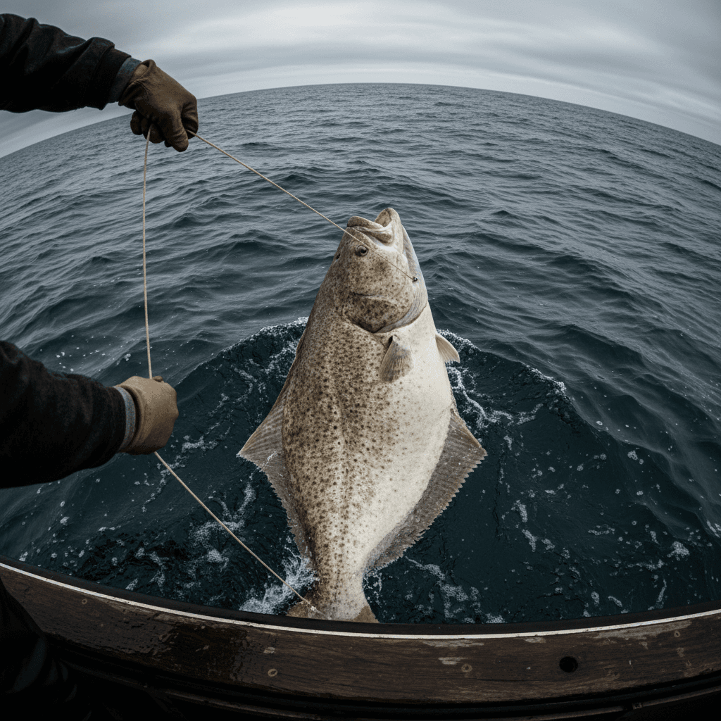 Large halibut surfacing near fishing boat in Haida Gwaii