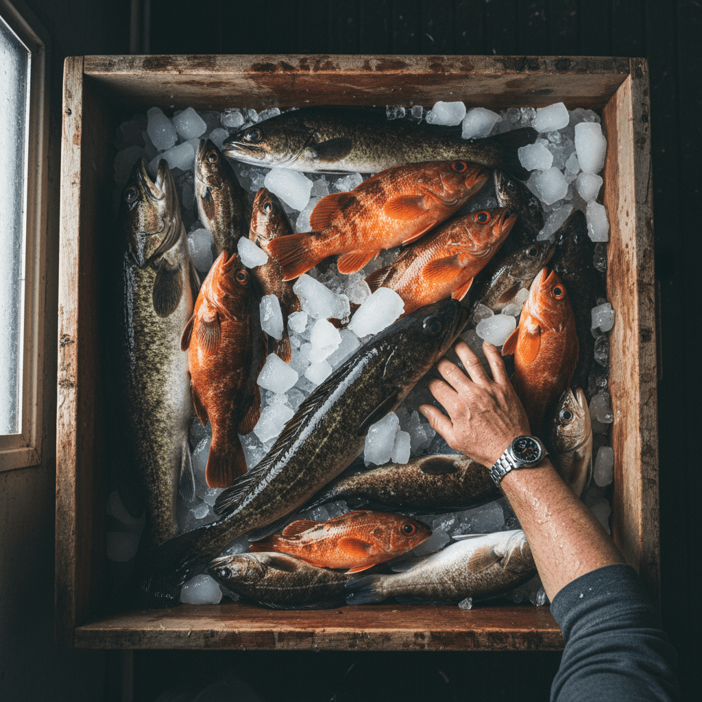 Mixed catch of lingcod and bottom fish in cooler