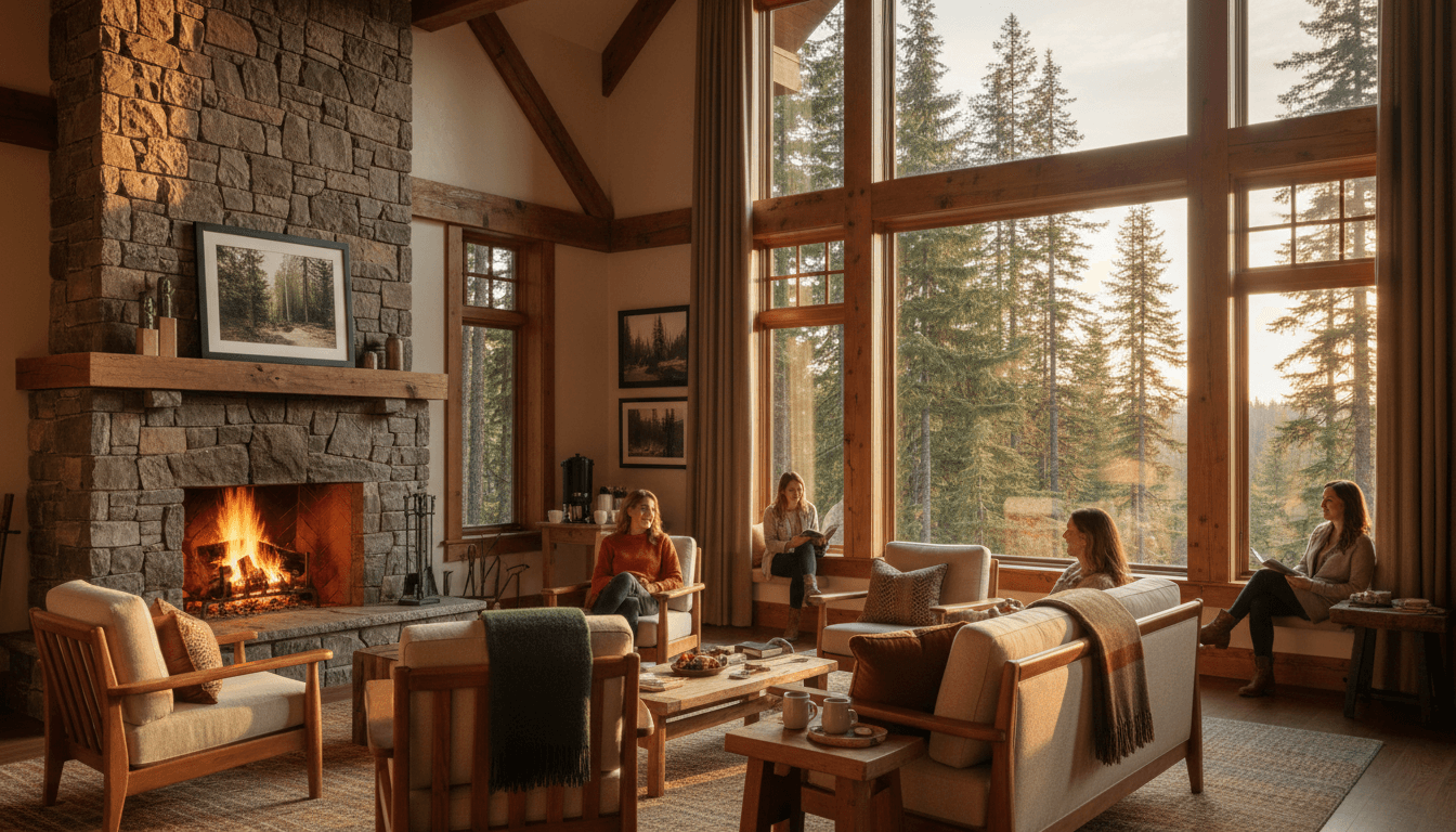 Lodge common area with guests enjoying views of Shingle Bay
