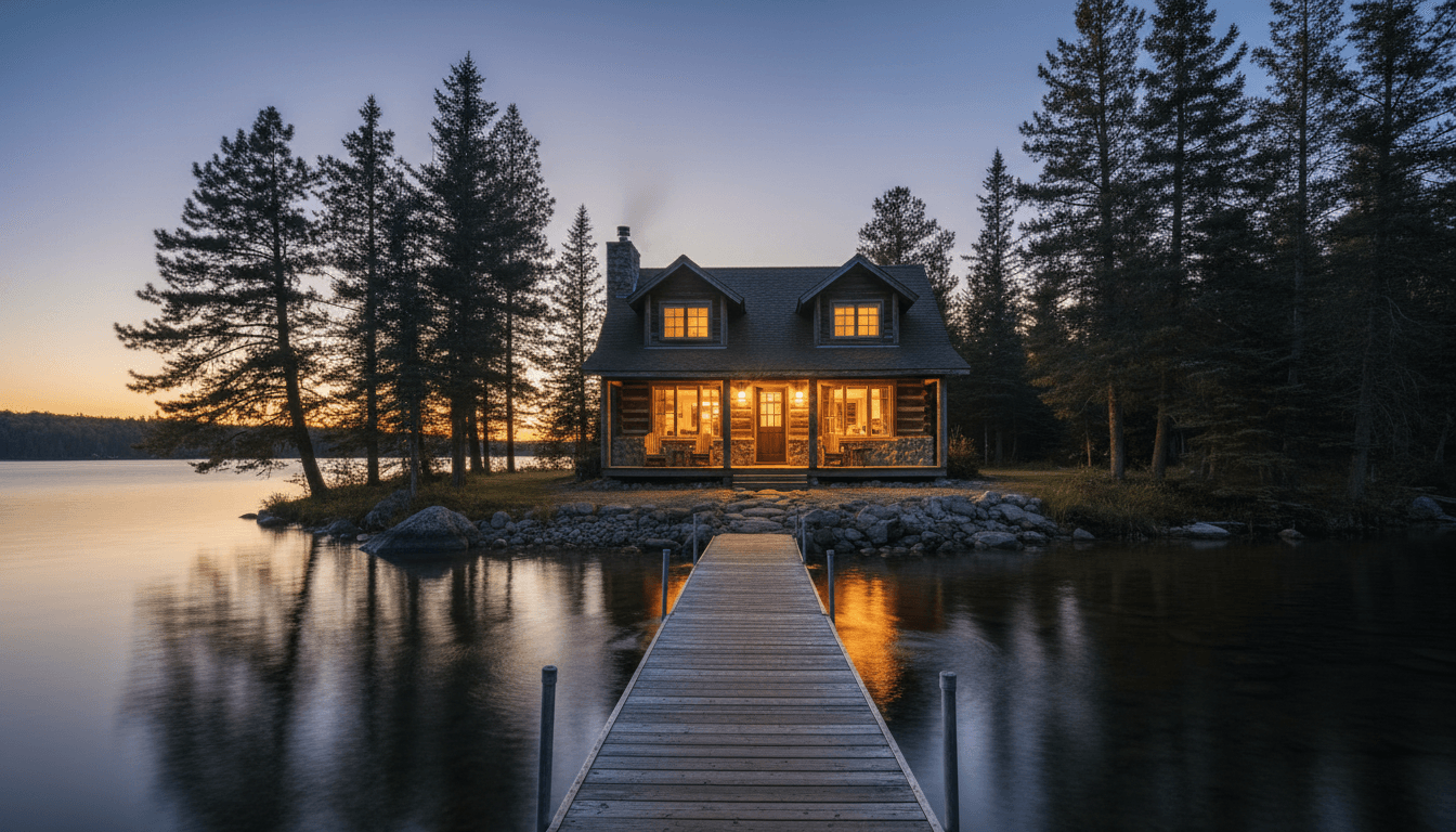 Lodge cabin overlooking Shingle Bay at golden hour