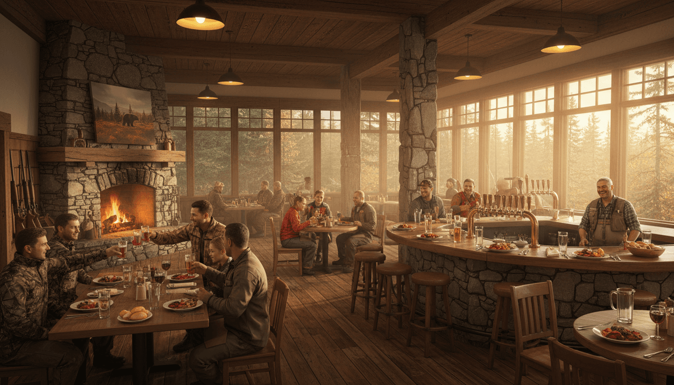 Intimate lodge dining room overlooking Shingle Bay at sunset with chef preparing fresh salmon