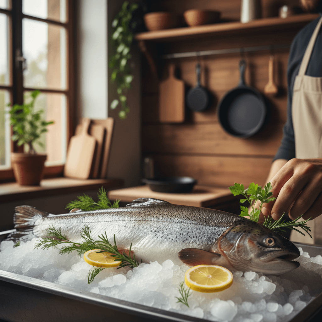 Chef preparing fresh-caught salmon in lodge kitchen